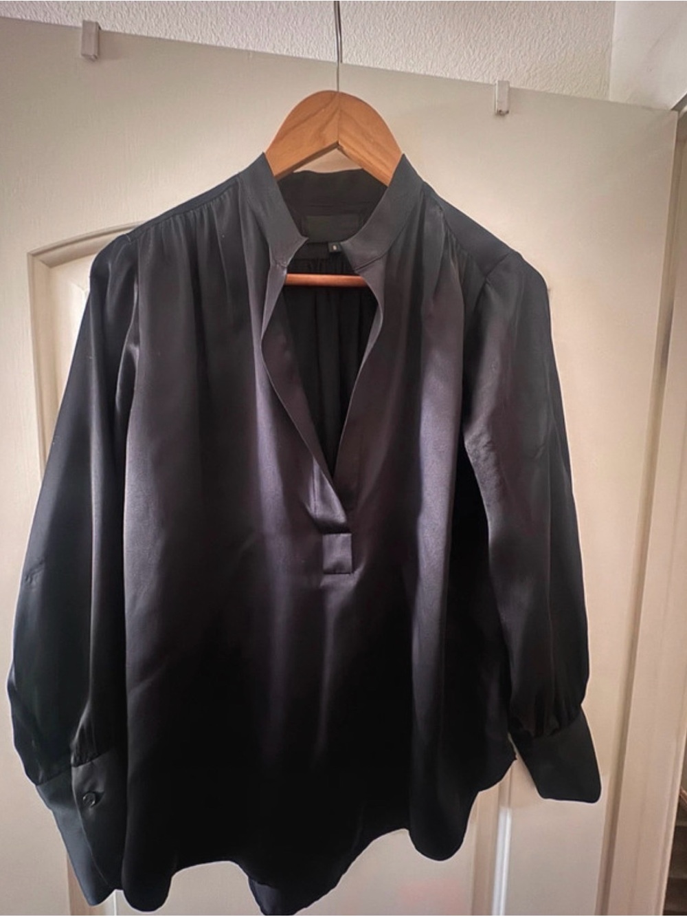 Nili Lotan Black Satin V-Neck Mandarin Blouse